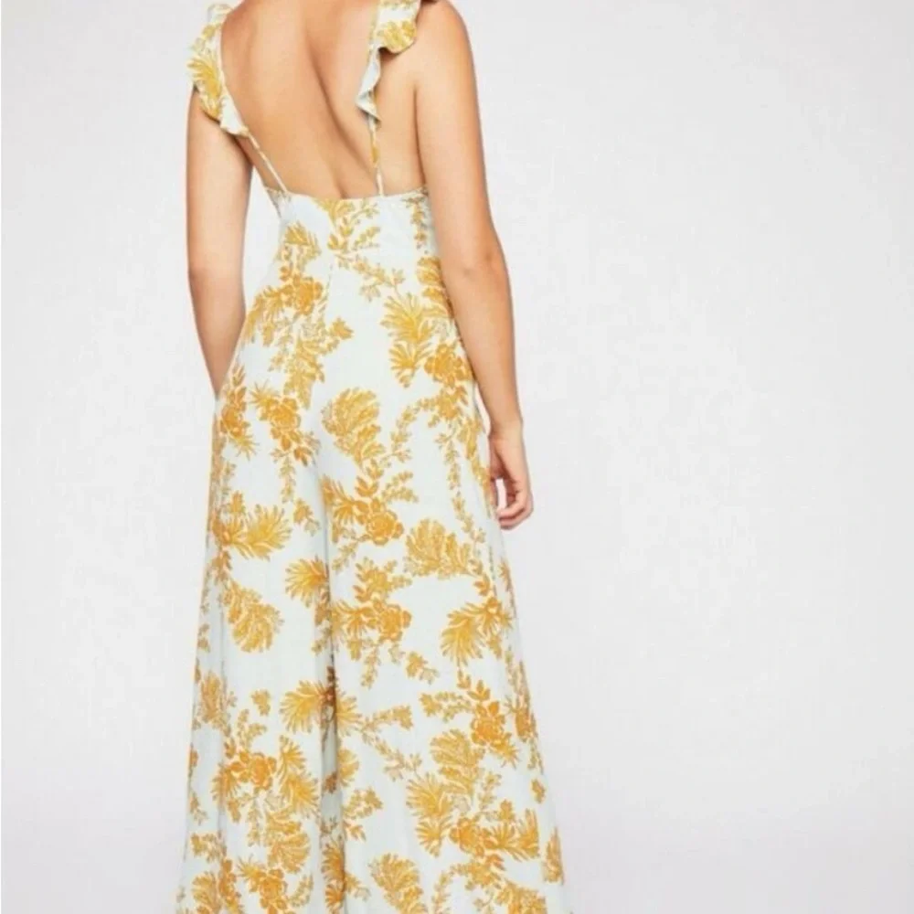 Free People Be The One Floral Wide Leg Ruffle Mint Blue Gold Jumpsuit Size 6 - Picture 2 of 7
